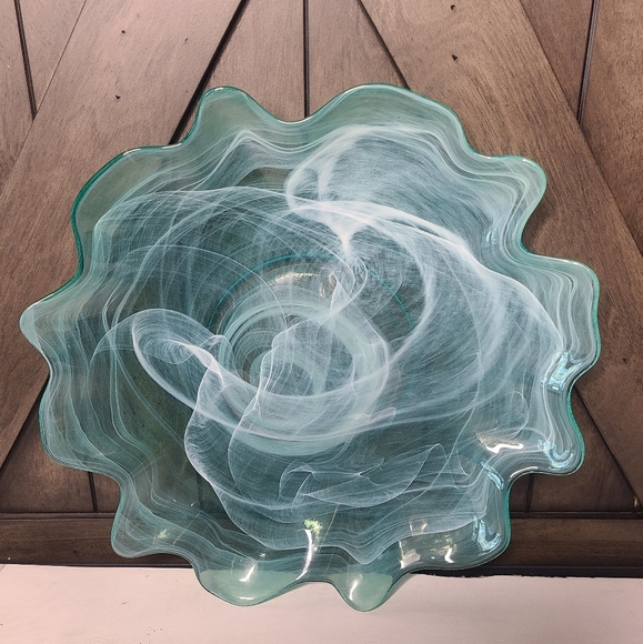 Rare Vintage Murano Style Teal and White Swirl Art Glass Dish 13"x2" Hand Blown - Picture 2 of 11